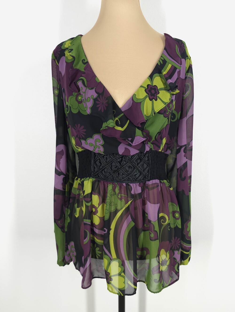 Bisou Bisou Green and Purple Floral Wrap Blouse